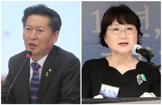 정청래(왼쪽) 더불어민주당 의원과 조기숙 이화여자대학교 국제대학원 교수. <연합뉴스>